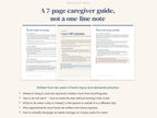 Three pages from the 7-page caregiver guide with the topics it covers