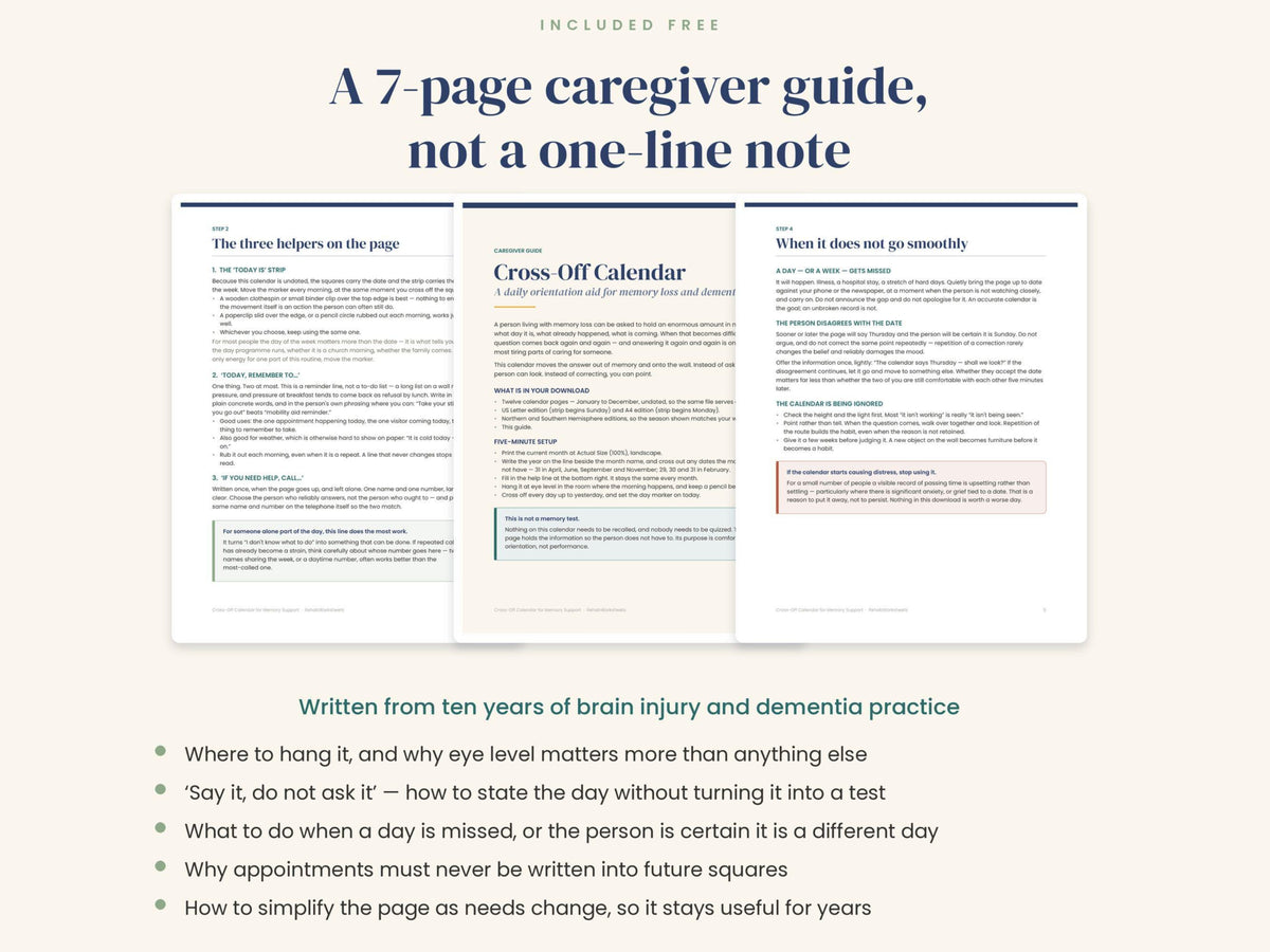 Three pages from the 7-page caregiver guide with the topics it covers