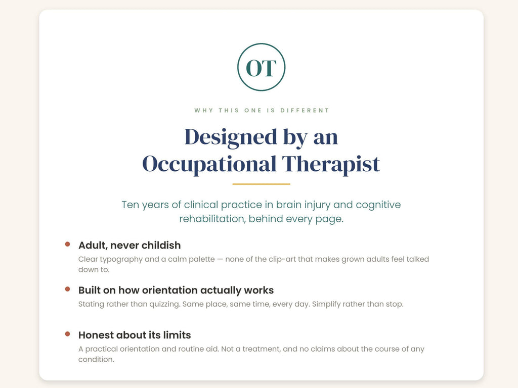Card explaining the calendar was designed by an occupational therapist, with three key points