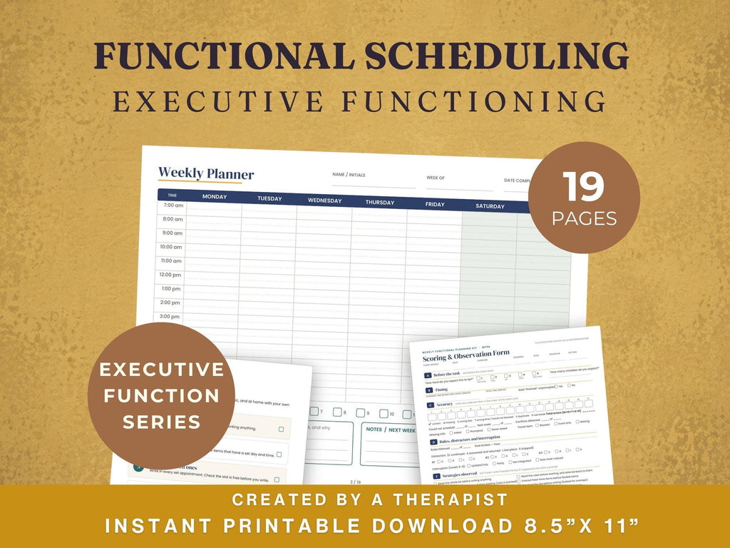 Functional scheduling executive functioning worksheets, printable weekly planner with a scoring form, 19 pages