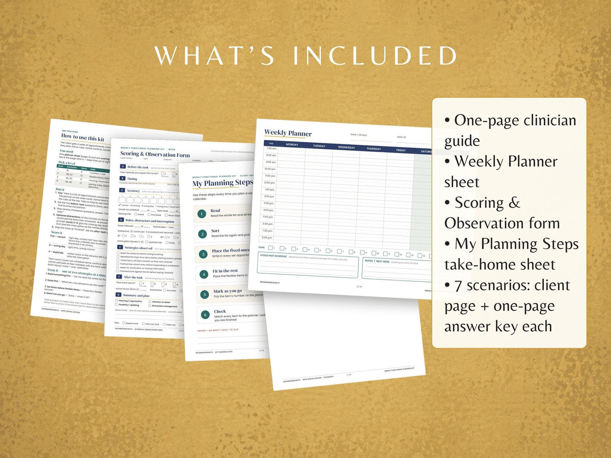 What is included: one-page clinician guide, weekly planner sheet, scoring and observation form, take-home sheet and 7 scenarios with answer keys