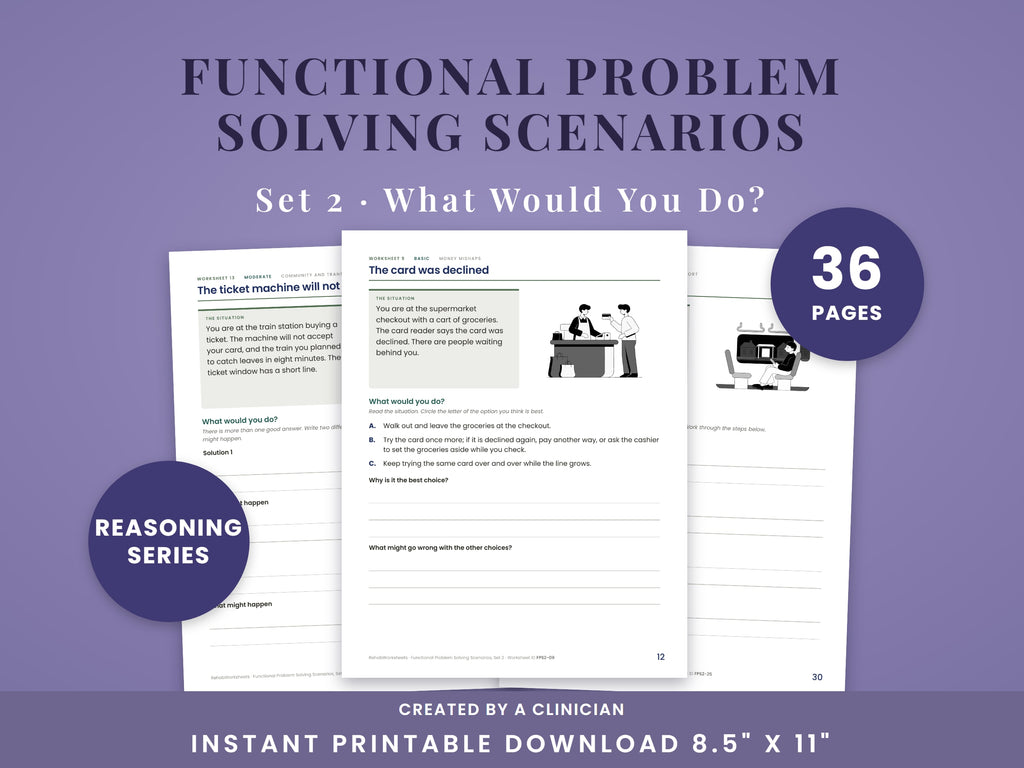 Functional problem solving scenarios for adults, set 2: 36 what-would-you-do worksheets, three sample pages