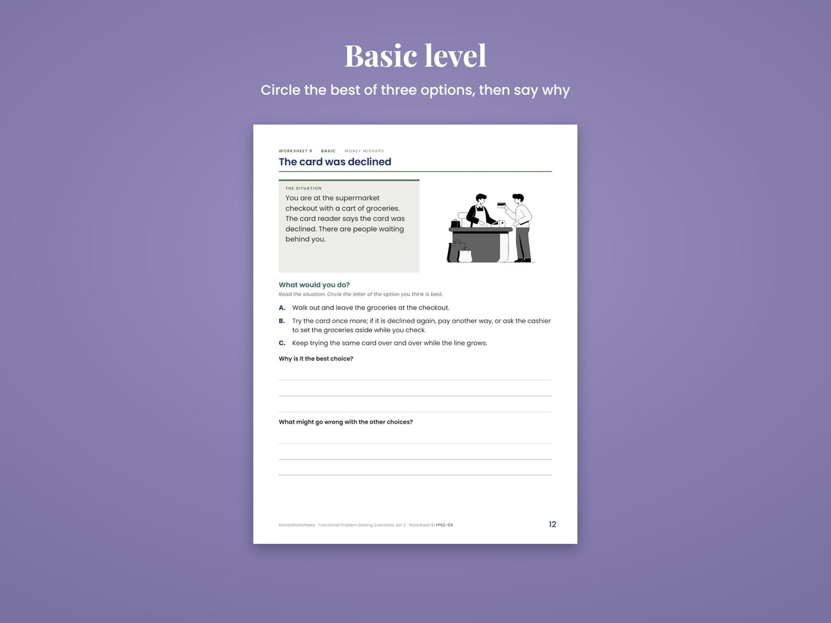 Basic level sample: The card was declined, with the situation, a line drawing of the checkout and three options to choose from