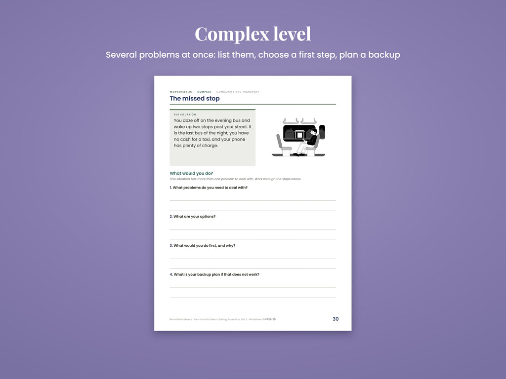 Complex level sample: The missed stop, with three problems to list, options, a first step and a backup plan