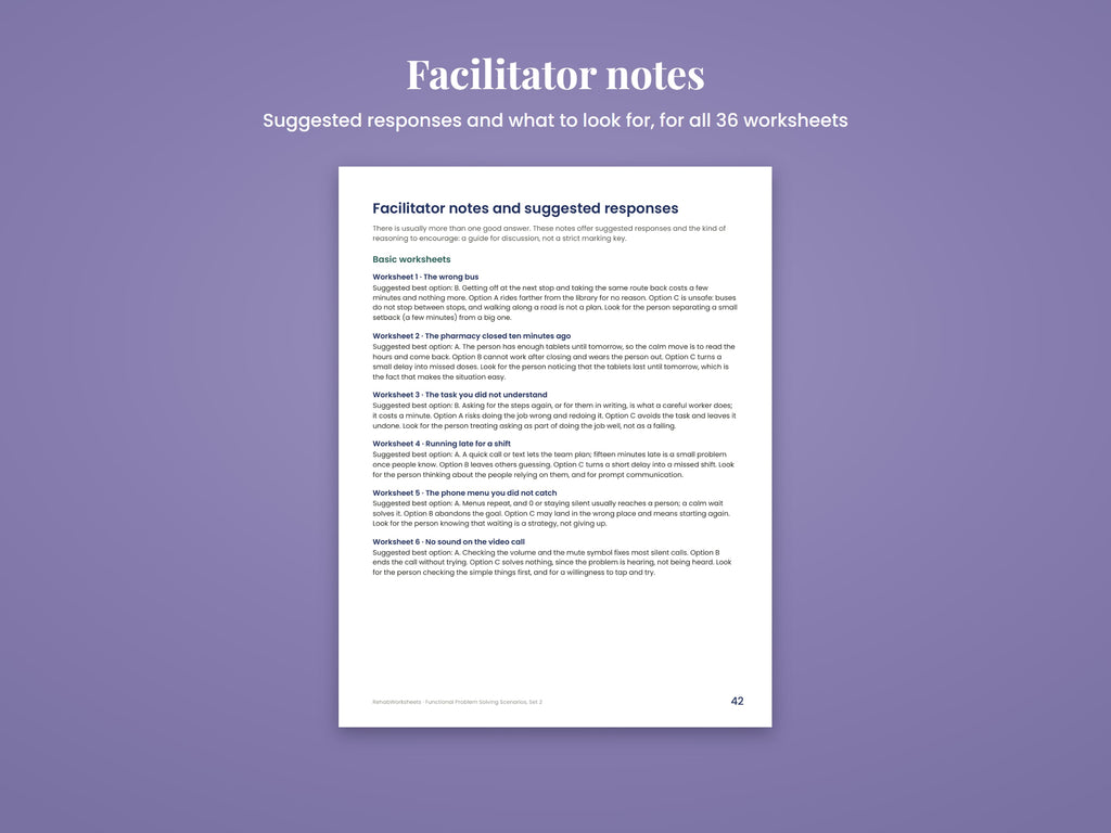 Facilitator notes page with suggested responses for each scenario