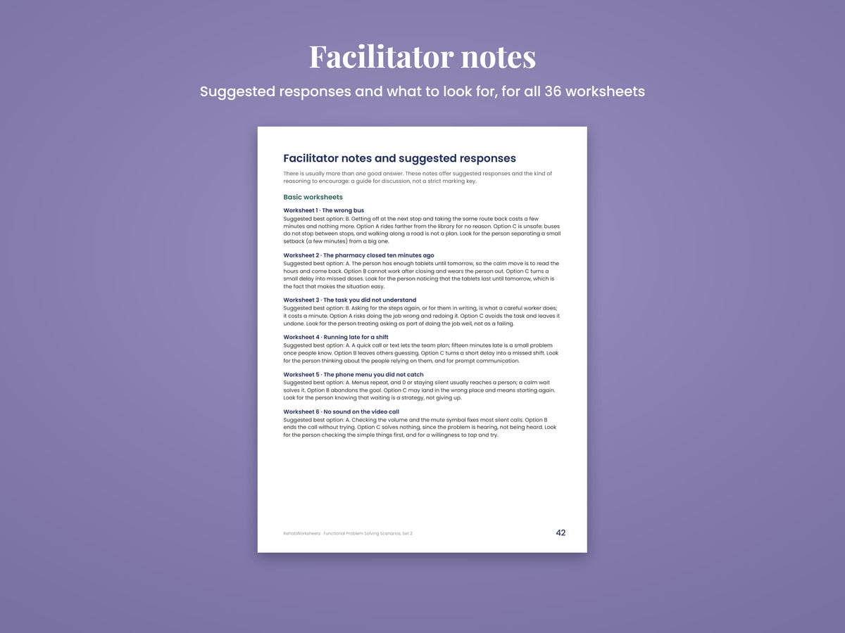 Facilitator notes page with suggested responses for each scenario