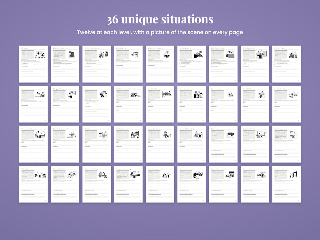 Grid of all 36 worksheets, each with a picture of the situation