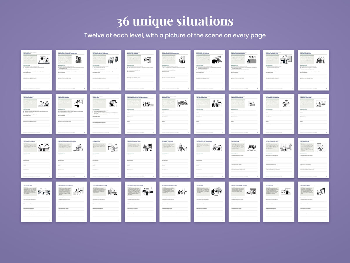 Grid of all 36 worksheets, each with a picture of the situation