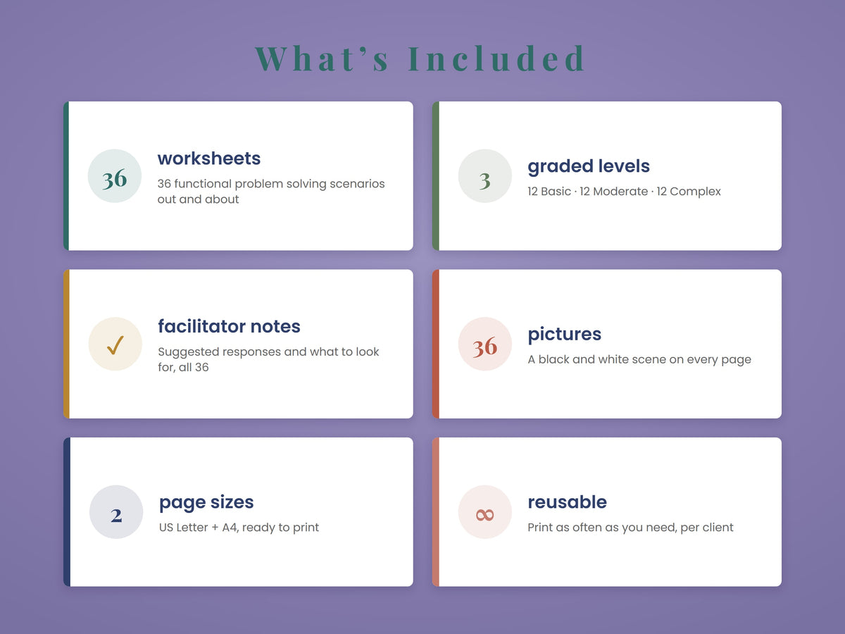 What is included: 36 worksheets, 3 graded levels, facilitator notes, 36 pictures, 2 page sizes, PDF file, reusable