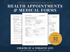 Life skills worksheets for adults, health appointments and medical forms: three real pages from the pack, a lab order, an insurance card with a medication list, and a week planner with a work schedule