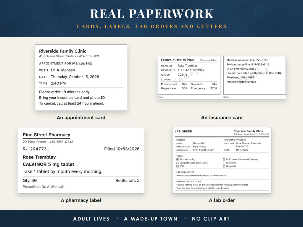 Health paperwork used in the worksheets: an appointment card, an insurance card, a pharmacy label and a lab order