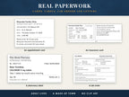 Health paperwork used in the worksheets: an appointment card, an insurance card, a pharmacy label and a lab order