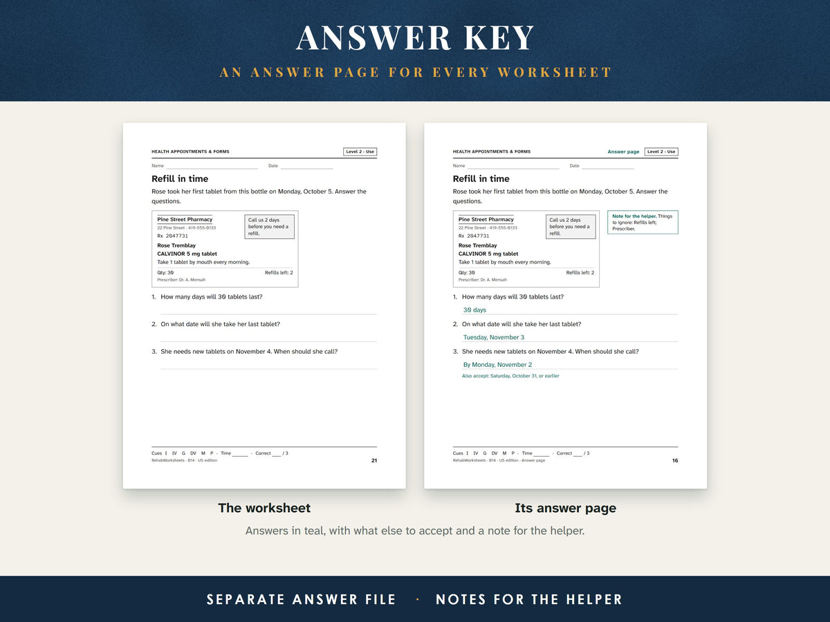 A Level 2 worksheet about refilling a prescription in time beside its answer page with the answers filled in