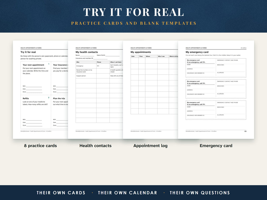 The practice cards page and three blank templates: health contacts, appointment log and wallet emergency card
