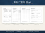The practice cards page and three blank templates: health contacts, appointment log and wallet emergency card