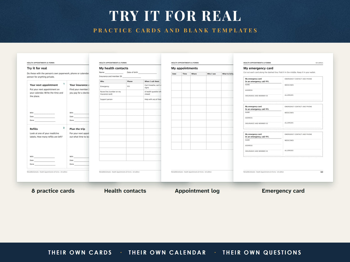The practice cards page and three blank templates: health contacts, appointment log and wallet emergency card