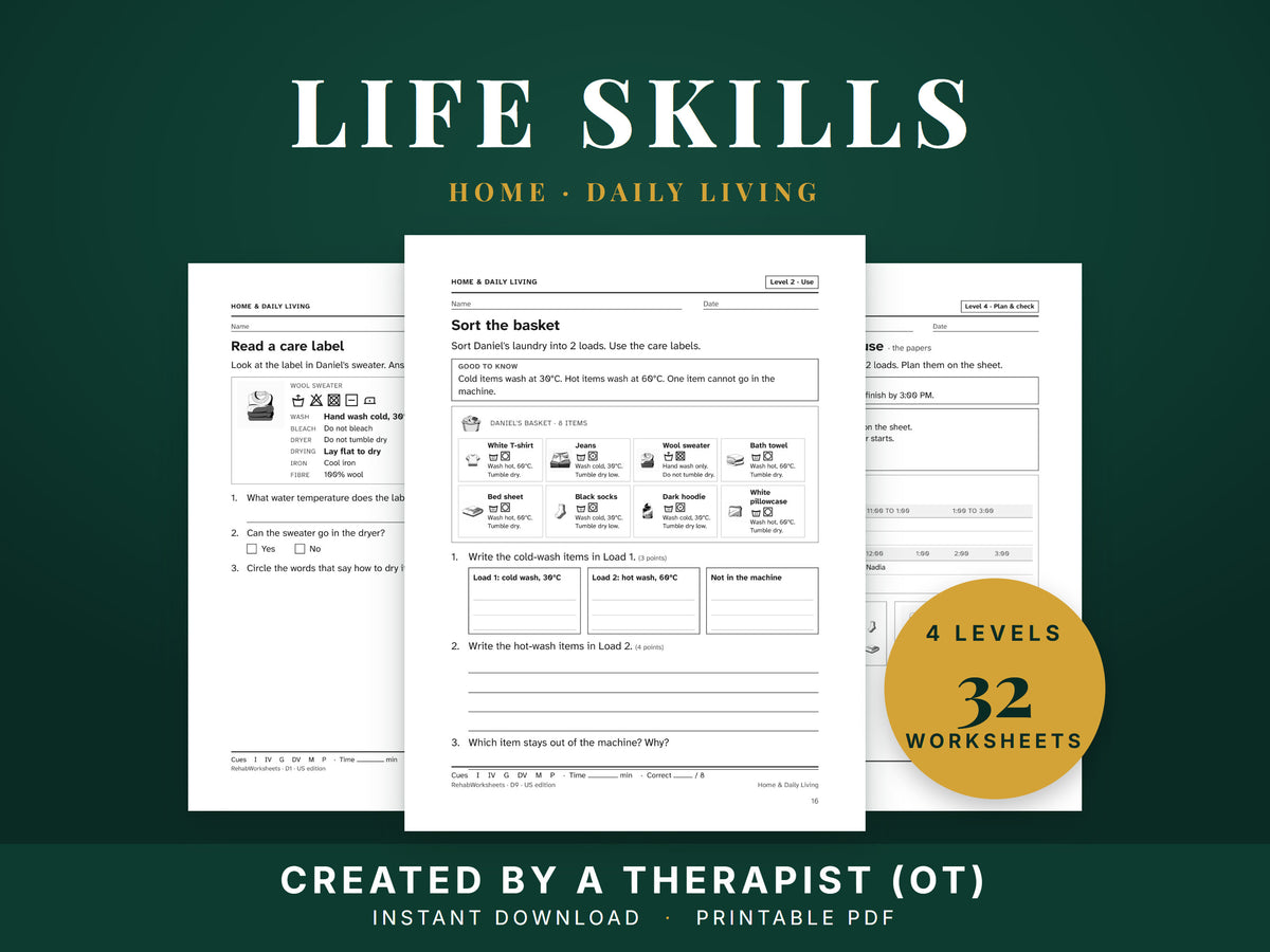 Life skills worksheets for adults: three real pages from the pack, a care label to read, a laundry basket to sort, and a laundry day plan on a shared sign-up sheet