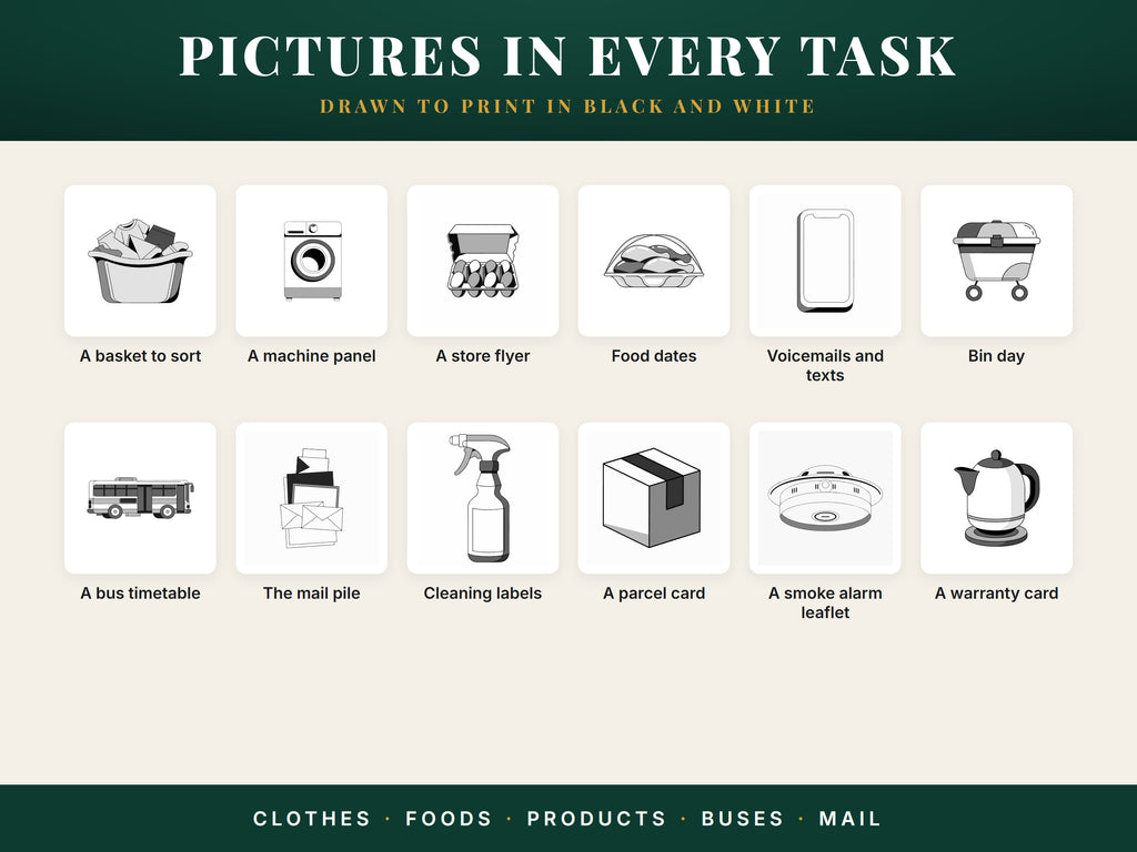 Twelve greyscale drawings used in the worksheets: a laundry basket, a washing machine, eggs, chicken, a phone, a bin, a bus, mail, a spray bottle, a parcel, a smoke alarm and a kettle