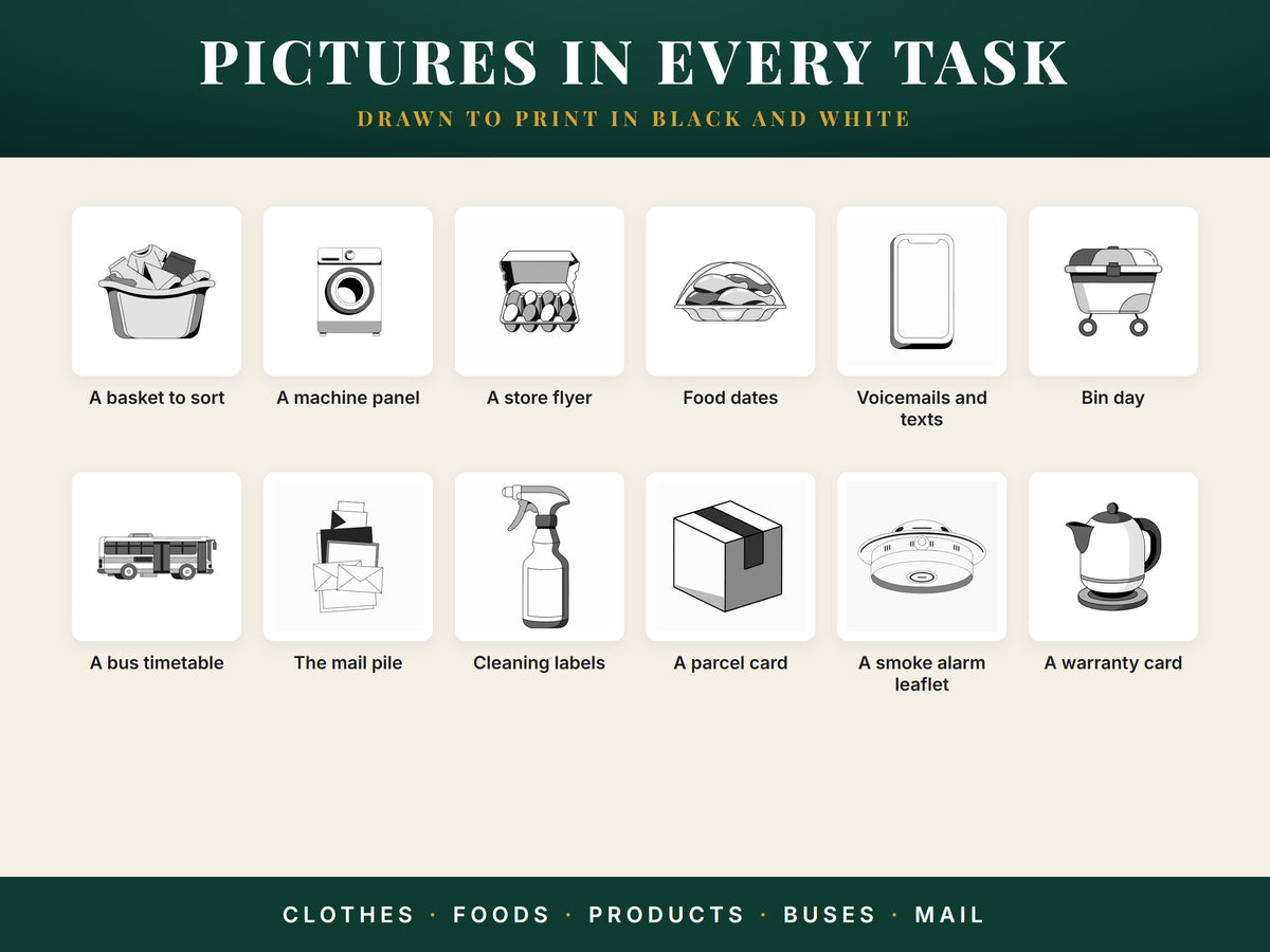 Twelve greyscale drawings used in the worksheets: a laundry basket, a washing machine, eggs, chicken, a phone, a bin, a bus, mail, a spray bottle, a parcel, a smoke alarm and a kettle