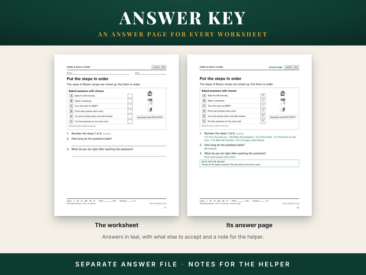 A Level 2 worksheet about putting recipe steps in order beside its answer page with the answers filled in