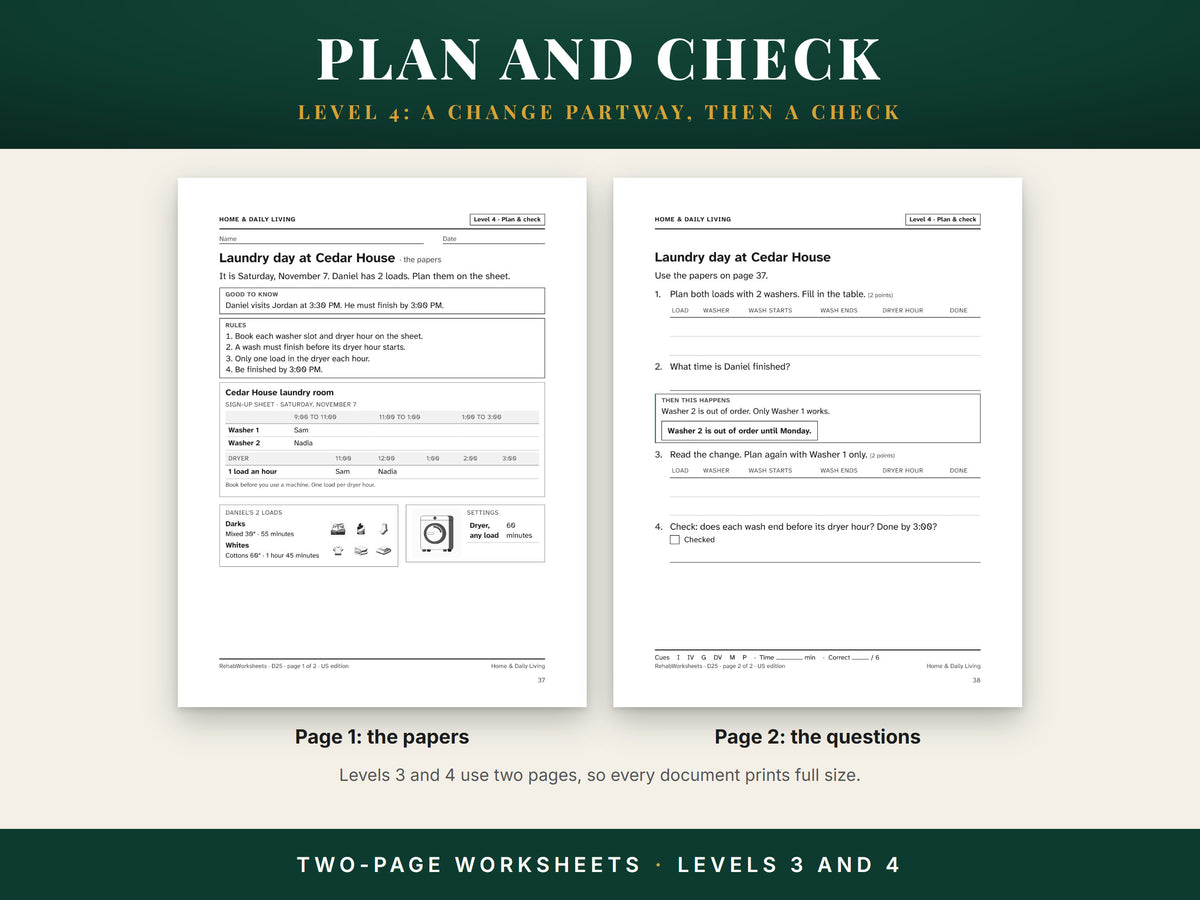 A Level 4 two-page worksheet: page 1 holds the papers, page 2 the questions, the change and the self-check