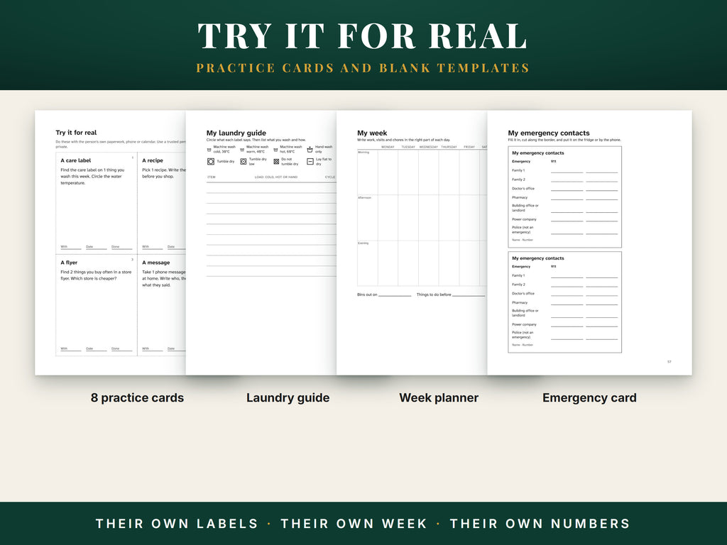 The practice cards page and three blank templates: laundry guide, week planner and emergency contacts card