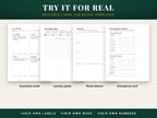 The practice cards page and three blank templates: laundry guide, week planner and emergency contacts card