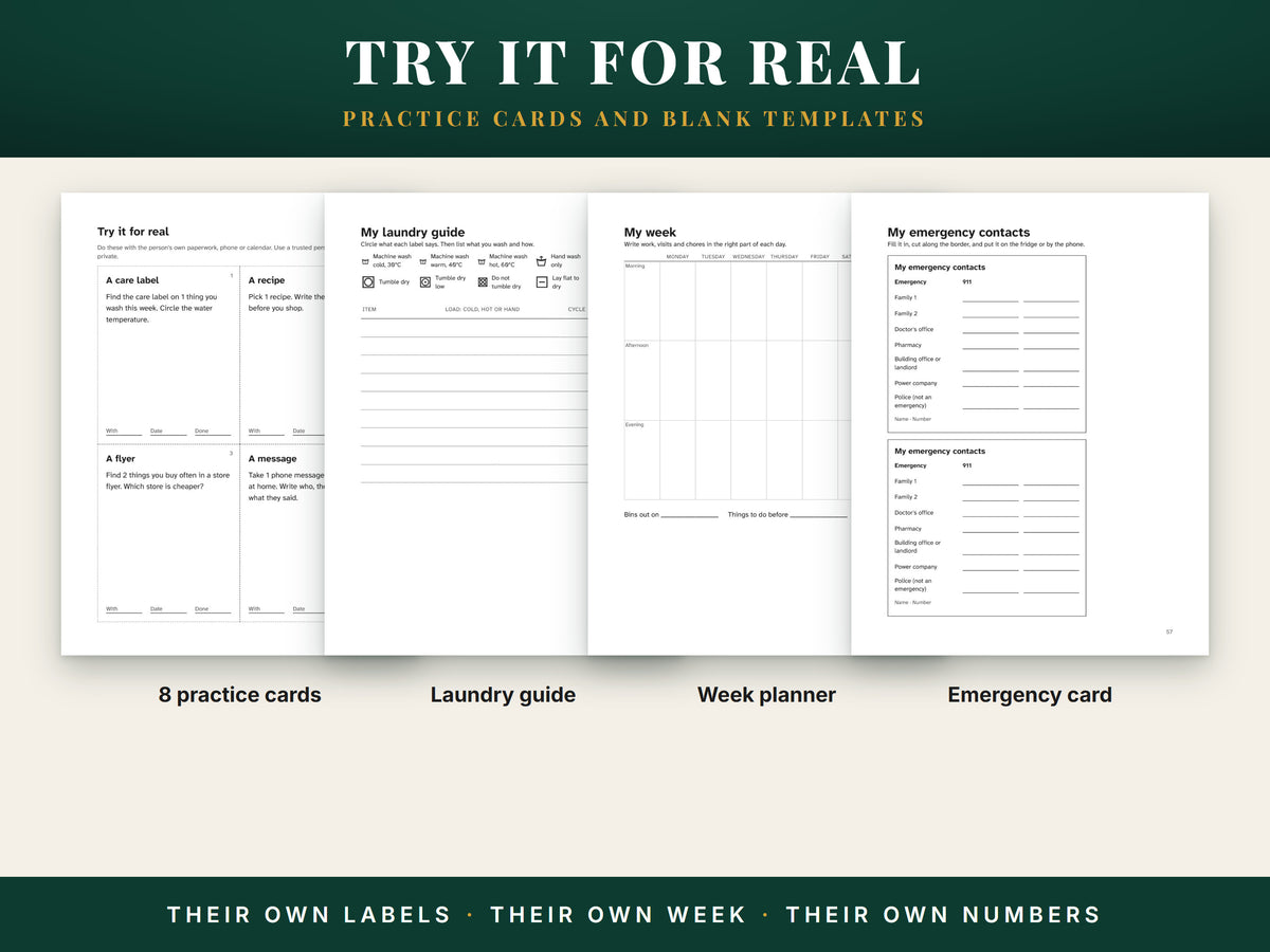 The practice cards page and three blank templates: laundry guide, week planner and emergency contacts card