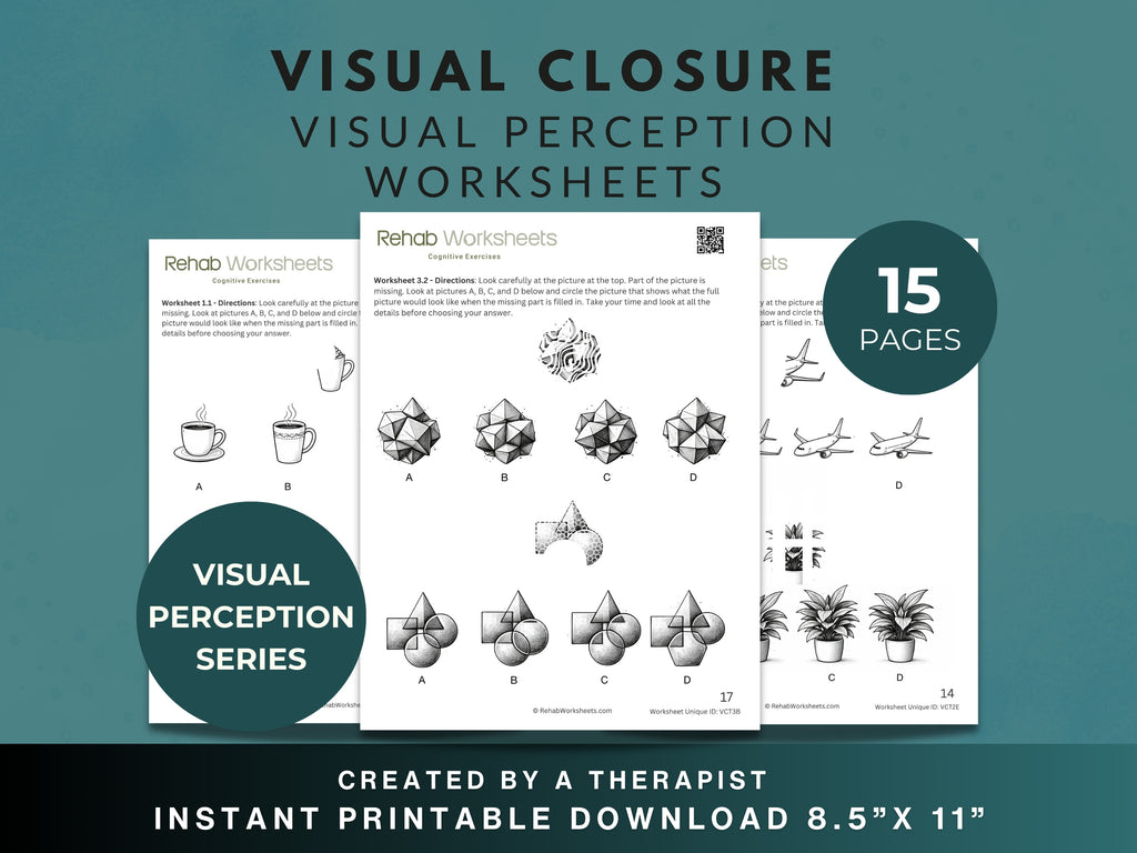 Visual Closure Worksheets by Rehab Worksheets, 15 pages for visual perception practice, featuring colorful shapes and exercises.