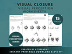 Visual Closure Worksheets by Rehab Worksheets, 15 pages for visual perception practice, featuring colorful shapes and exercises.