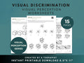 Visual Discrimination Worksheets from Rehab Worksheets showing 15 pages of visual perception exercises on a printed sheet.