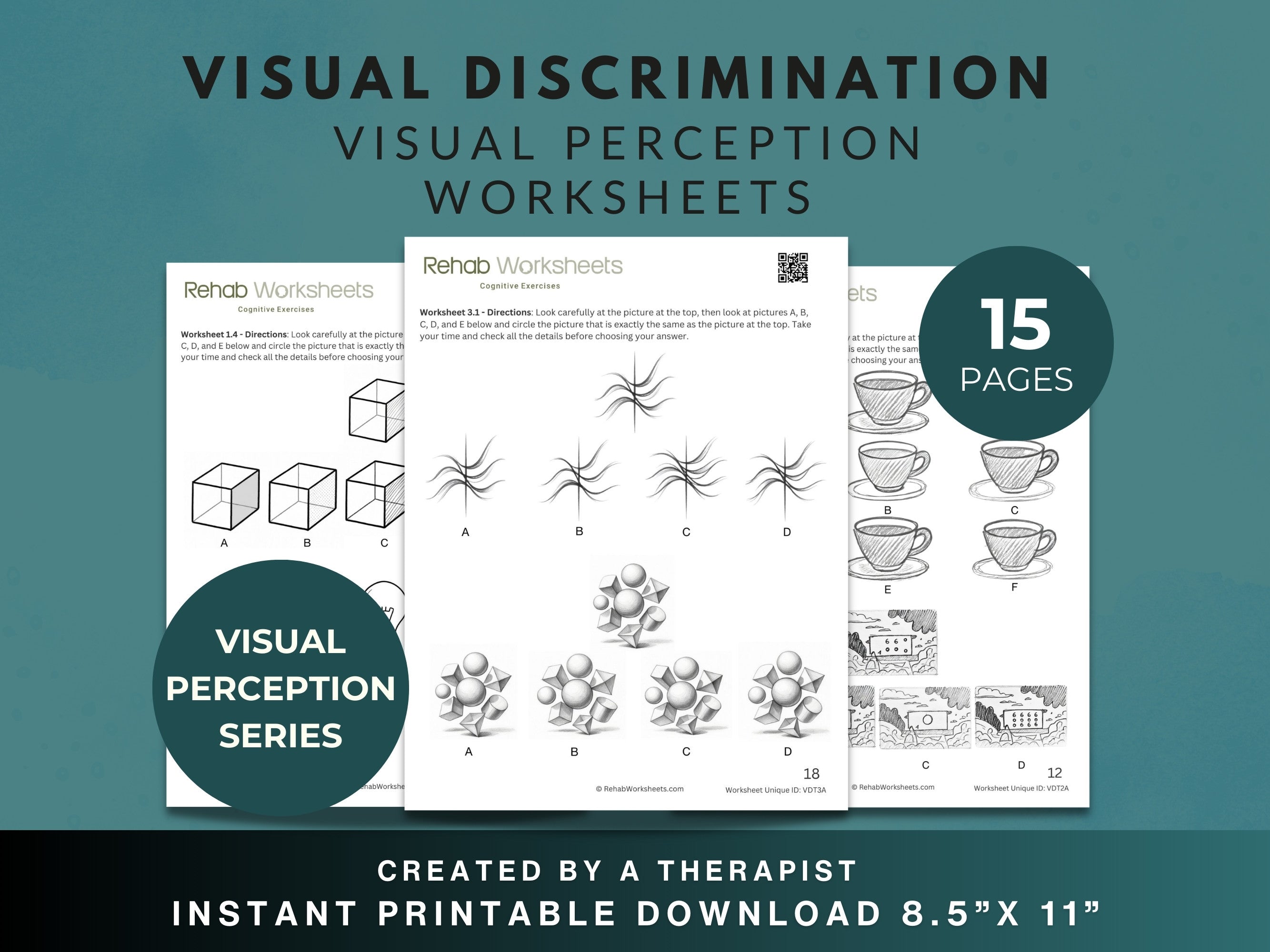 Visual Discrimination Worksheets from Rehab Worksheets showing 15 pages of visual perception exercises on a printed sheet.