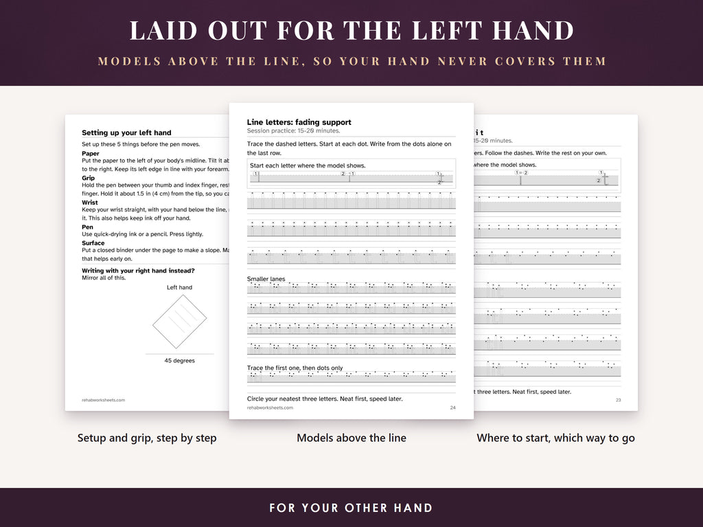 Three interior pages: setting up the left hand, a fading-support page with models above the line, and the first letters