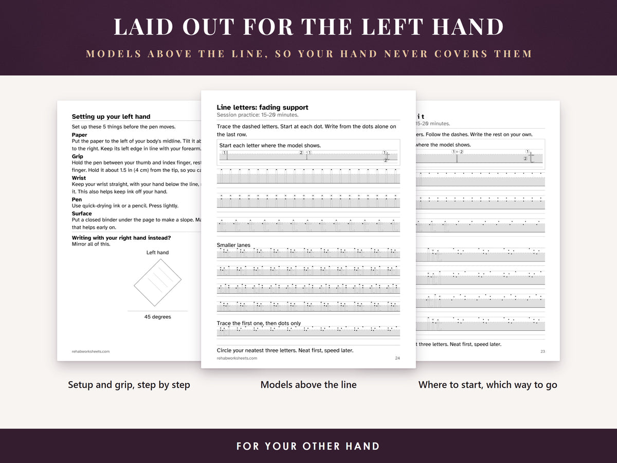 Three interior pages: setting up the left hand, a fading-support page with models above the line, and the first letters
