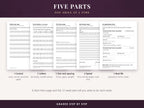 Five practice pages, one from each part: control, letters, size and spacing, speed, and real-life writing