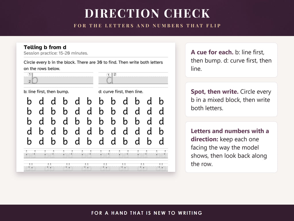Interior page for telling b from d, with a mixed letter block and practice rows