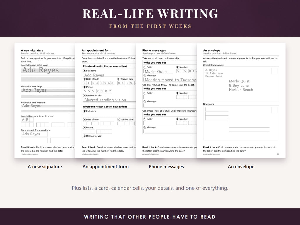 Real-life writing pages: a new signature, an appointment form, phone messages and an envelope