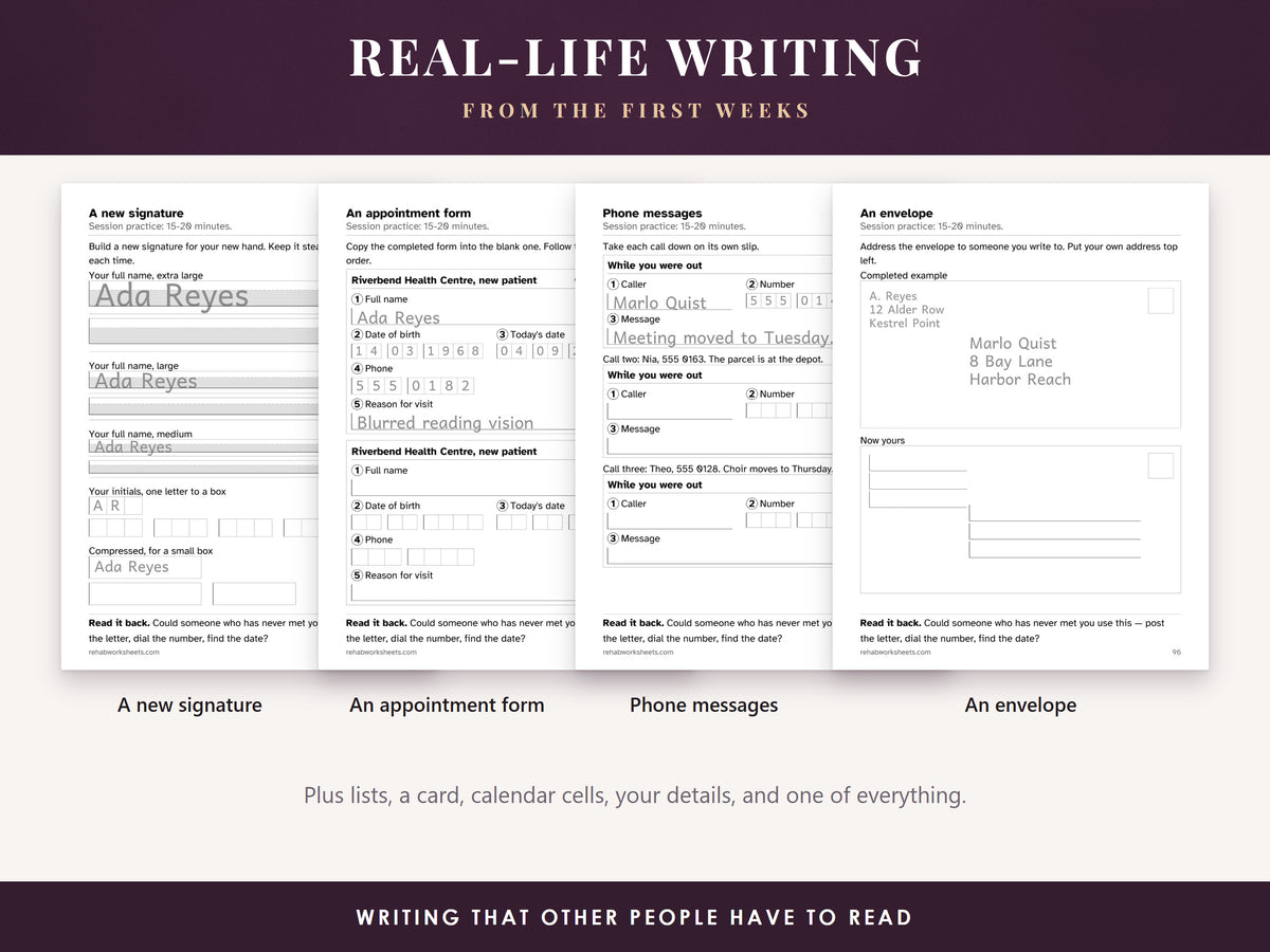 Real-life writing pages: a new signature, an appointment form, phone messages and an envelope