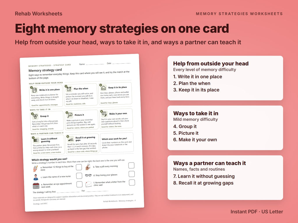 Memory strategy card with eight strategies in three kinds: help from outside your head, ways to take it in, and ways a partner can teach it