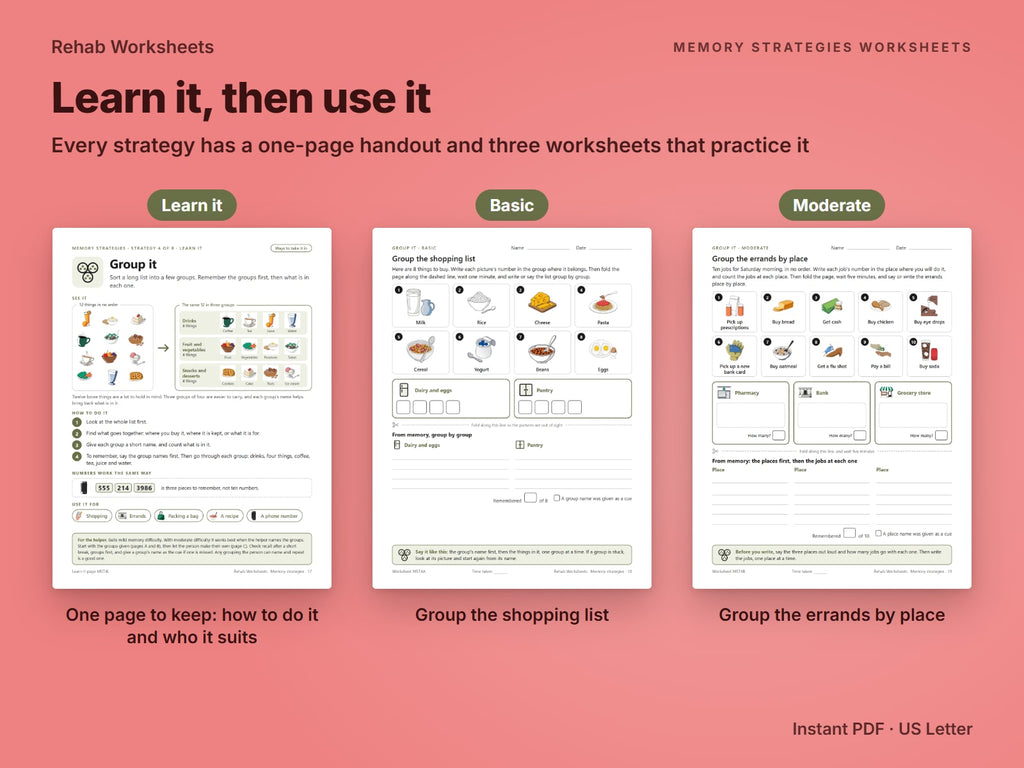 The Group it learn page beside its basic and moderate worksheets: group the shopping list, group the errands by place
