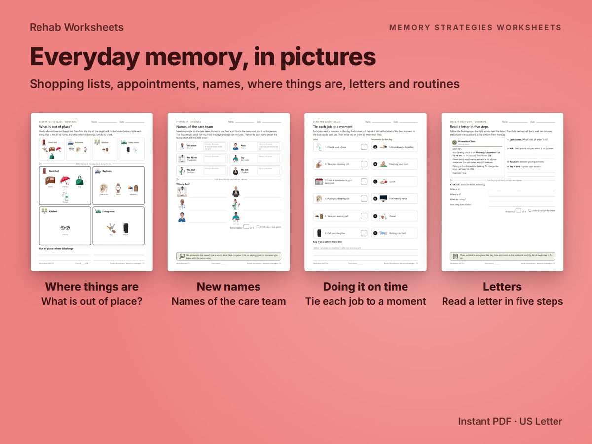 Memory strategies worksheets on everyday tasks: where things are, names of the care team, tying jobs to moments, reading a letter