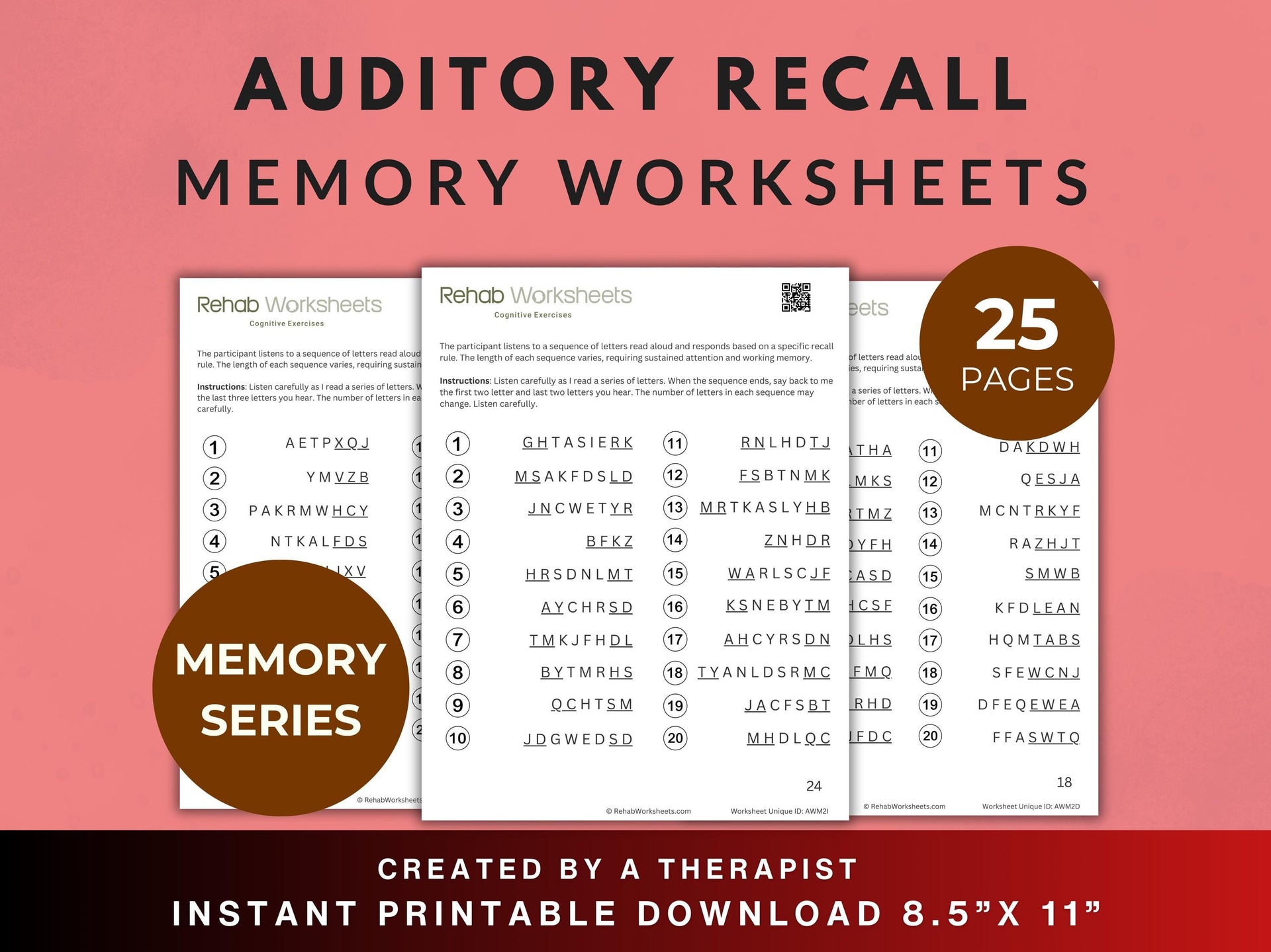 Basic Memory Worksheets.pdf Auditory Working Memory Task (25 Worksheets) - Memory – Rehab Worksheets