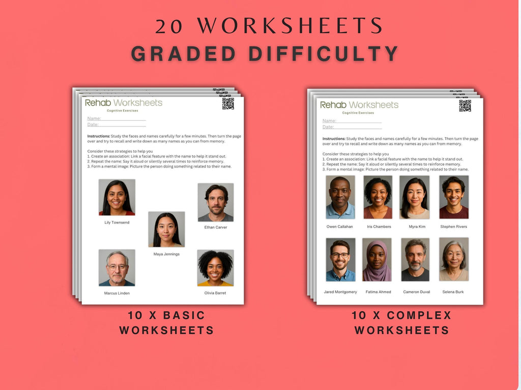 Face Name Memory (20 Worksheets) - Memory - Rehab Worksheets
