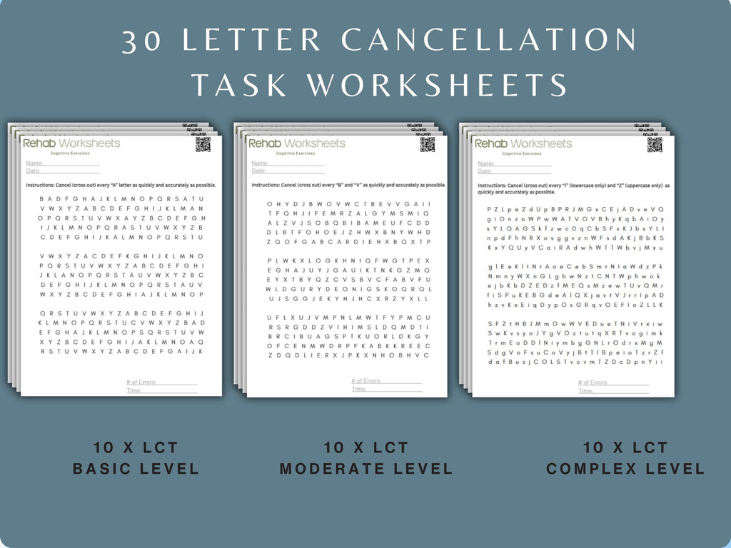 Letter Cancellation Task (30 Worksheets) - Attention - Rehab Worksheets