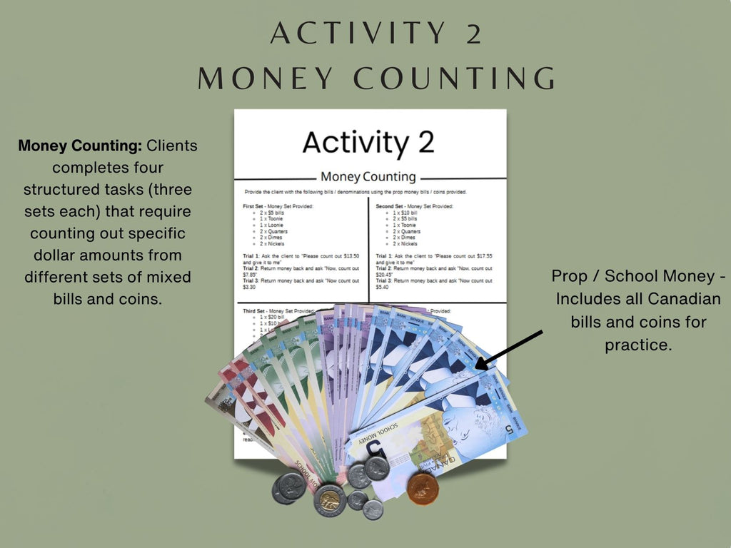 Money Management Kit - Canadian Edition - Occupational Therapy Tool, Speech Therapy Activity, Cognitive Training, Physical Kit - Rehab Worksheets