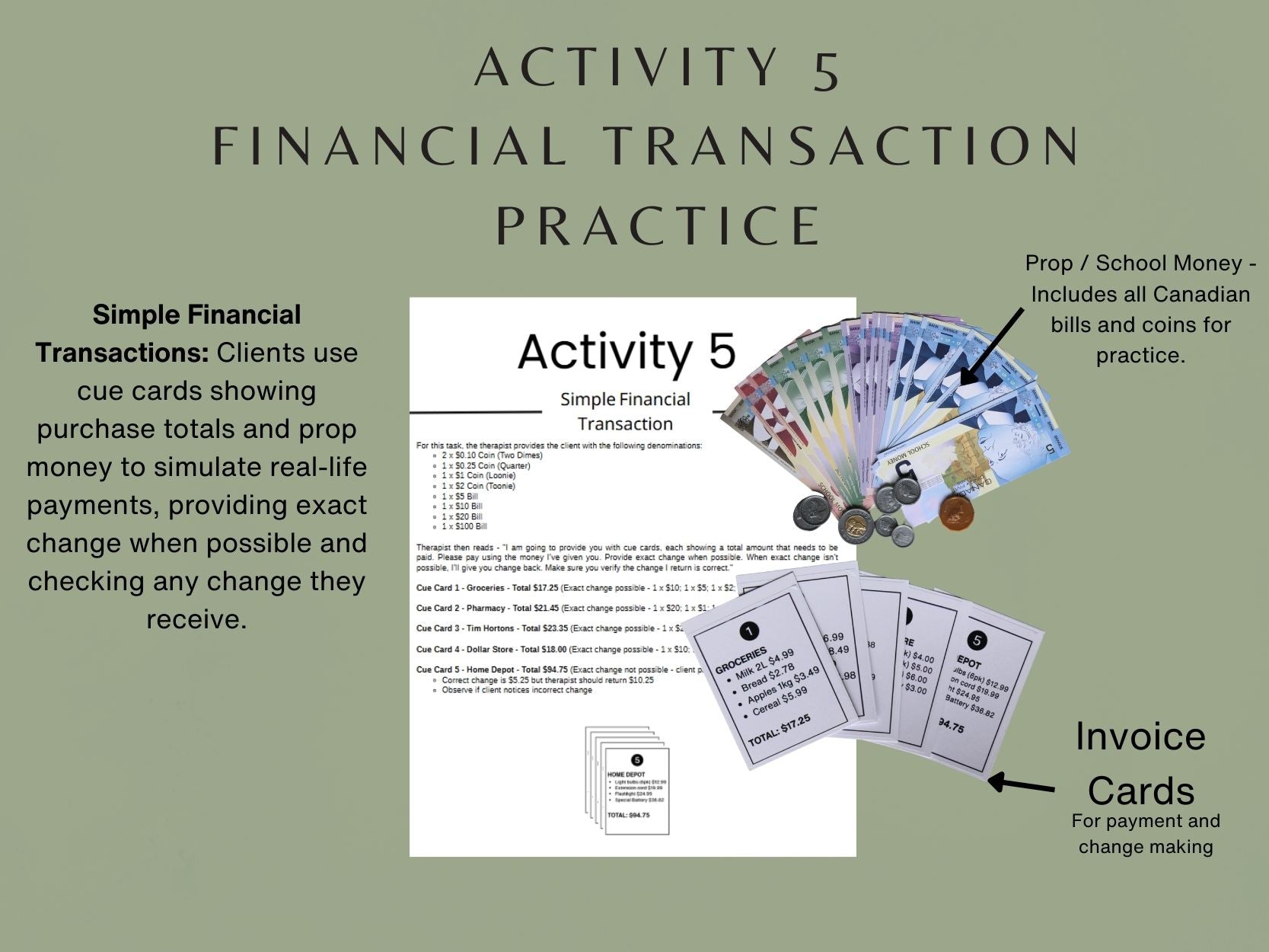 Money Management Kit - Canadian Edition - Occupational Therapy Tool, Speech Therapy Activity, Cognitive Training, Physical Kit - Rehab Worksheets
