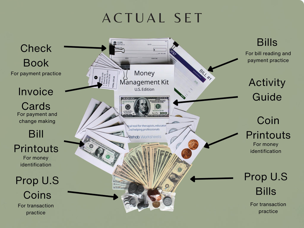 Money Management Kit - U.S. Edition - Occupational Therapy Tool, Speech Therapy Activity, Cognitive Training, Physical Kit - Rehab Worksheets