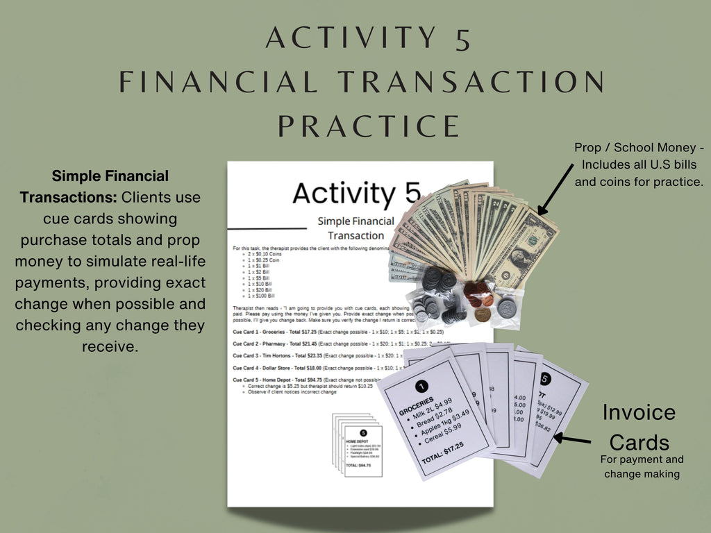 Money Management Kit - U.S. Edition - Occupational Therapy Tool, Speech Therapy Activity, Cognitive Training, Physical Kit - Rehab Worksheets