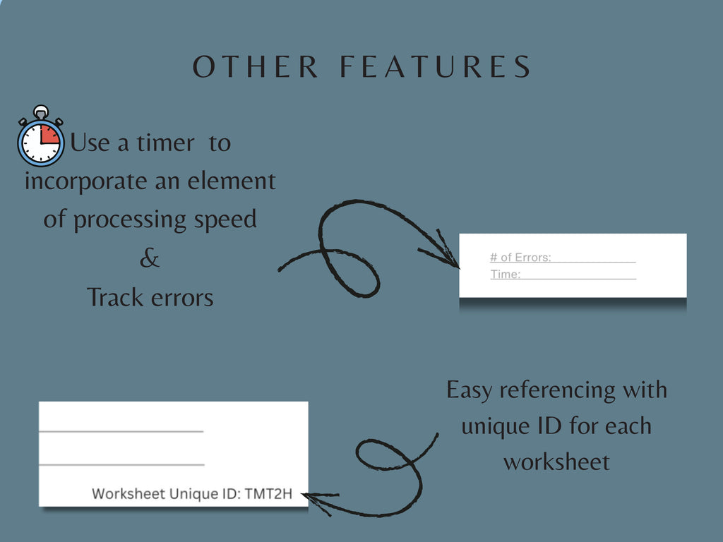 Educational chart detailing features of a worksheet system with timer, error tracking, and unique ID referencing.