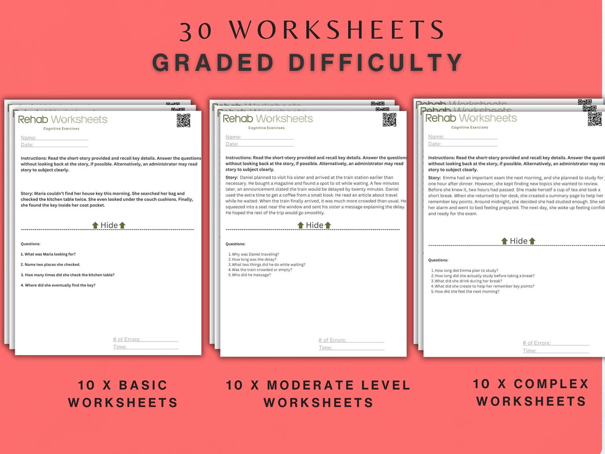 Story Recall Worksheets Bundle (30 Worksheets) - Memory – Rehab Worksheets